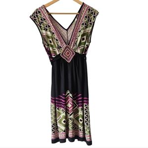 ICE Colorful Tribal Aztec Beaded Midi Dress Womens Large Sleeveless  Boho